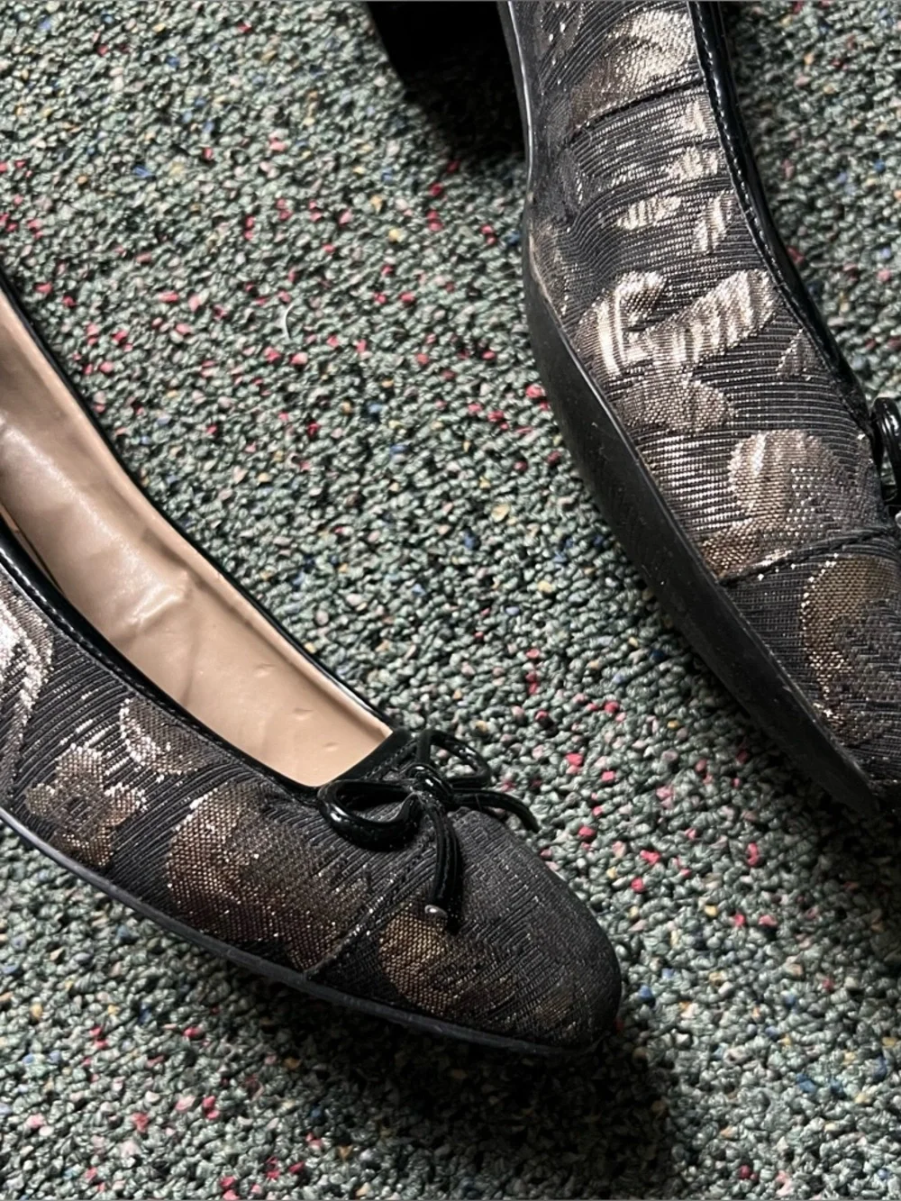 Tapestry Jacquard Fabric Square-Toe Bow Ballet Flats Low Block Heel Shoes Sz 8.5